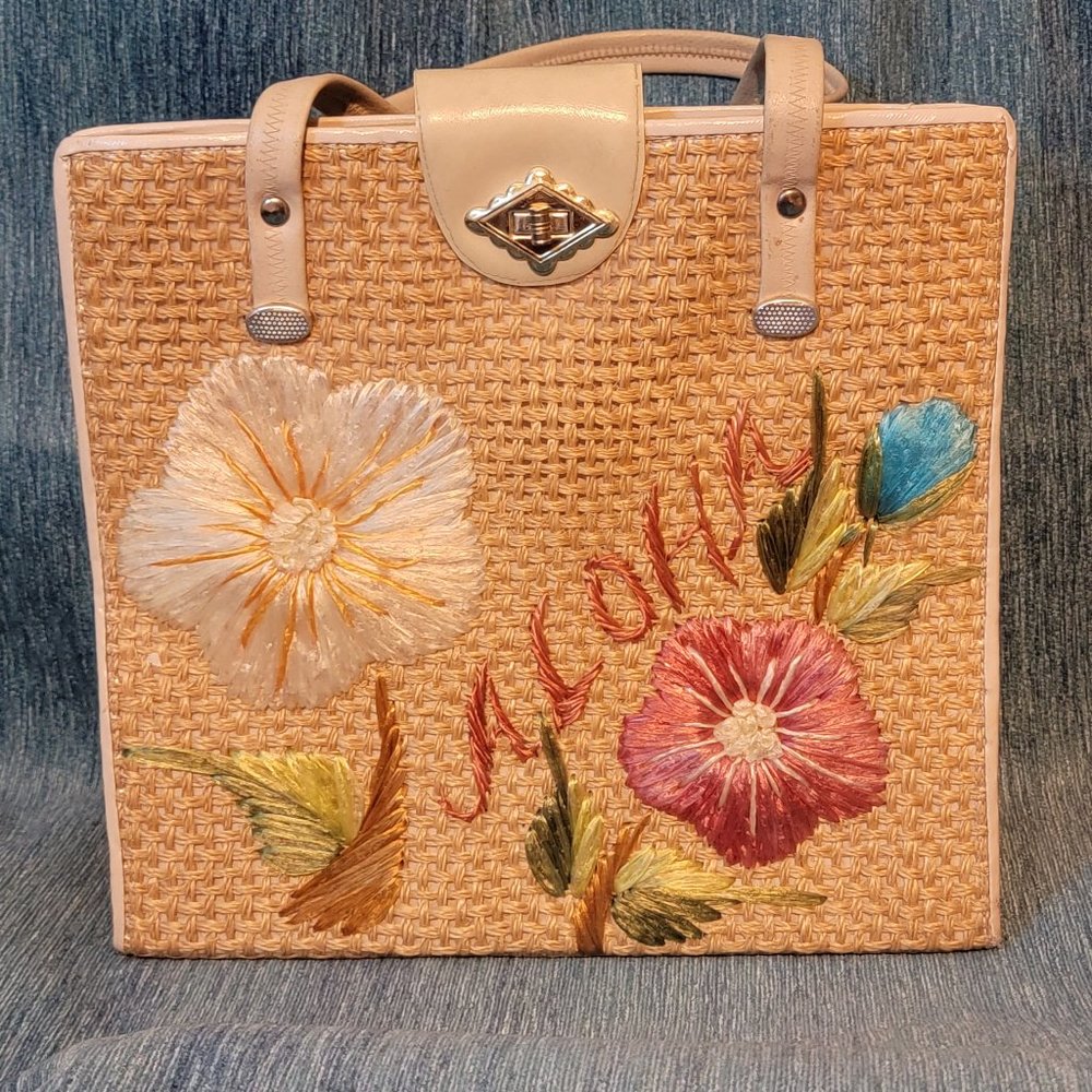 Vintage Purse Hawaiian Aloha Straw Basket Woven Floral Hawaii Retro